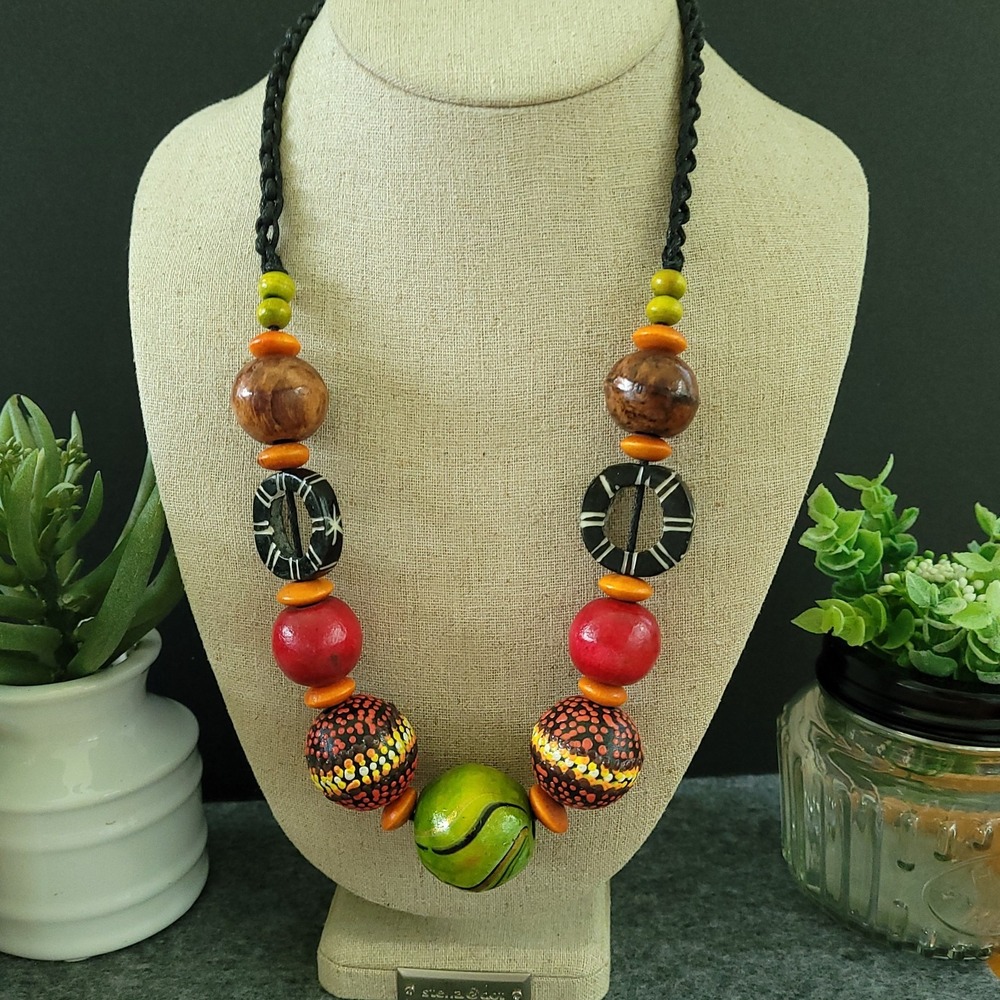 Modernist Folk Art Hand Painted Wood Bead Geometric Statement Necklace 20in